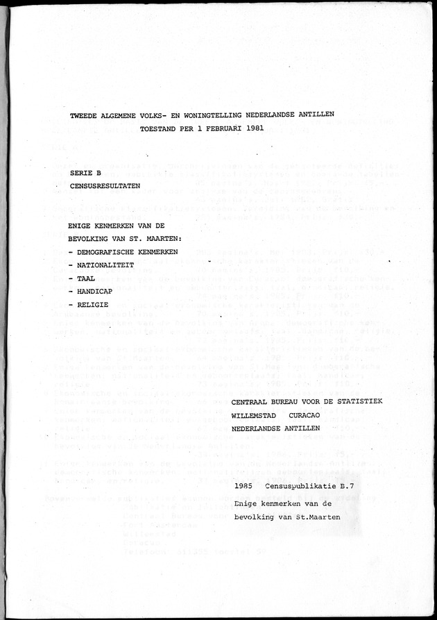 Censuspublikatie B.7 Enige kenmerken van de bevolking van St. Maarten - Cover