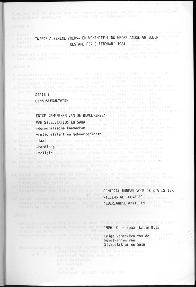 Censuspublikatie B.13 Enige kenmerken van de bevolkingen van St.Eustatius en Saba - Cover