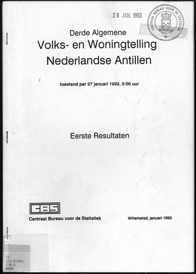Derde Algemene Volks- en Woningtelling Nederlandse Antillen - Toestand per 27 januari 1992, 0.00 uur Eerste Resultaten - Front Cover