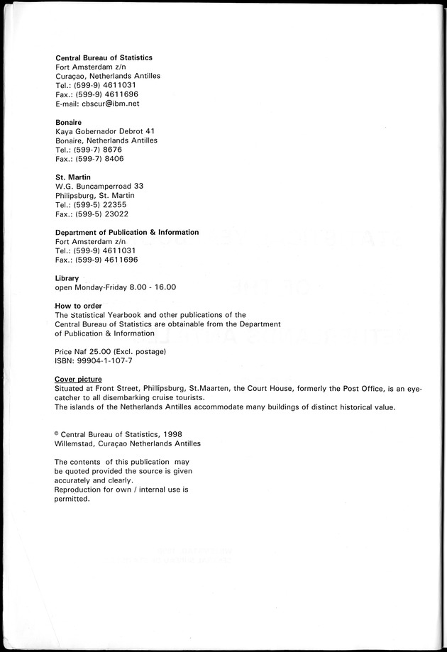 STATISTICAL YEARBOOK NETHERLANDS ANTILLES 1998 - Copyright