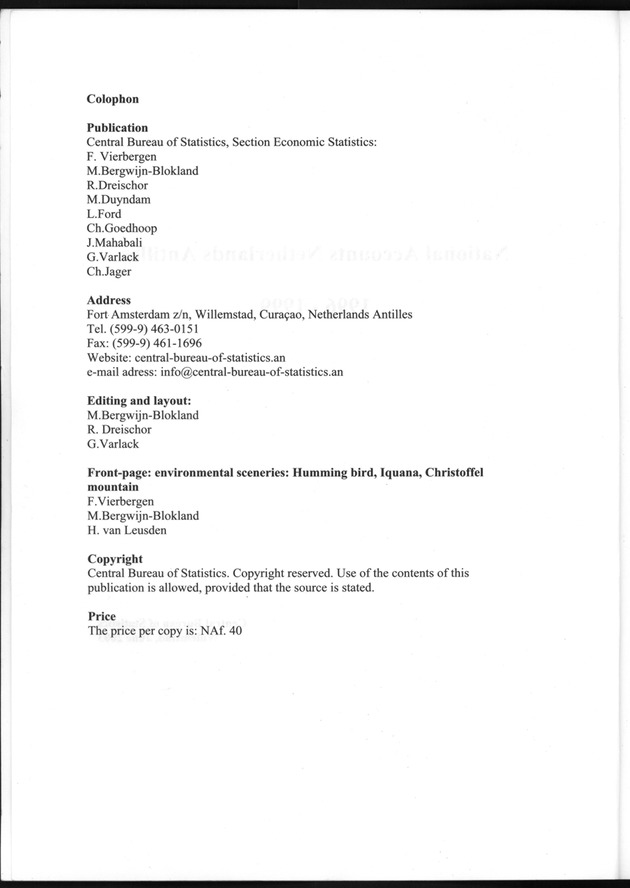National Accounts Netherlands Antilles 1996-1999 - Colophon