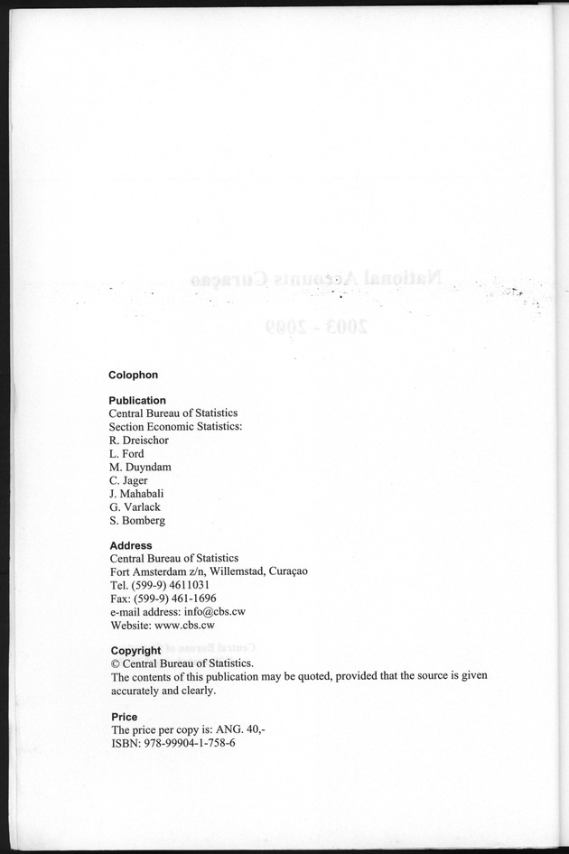 National Accounts Curacao 2003-2009 - colophon