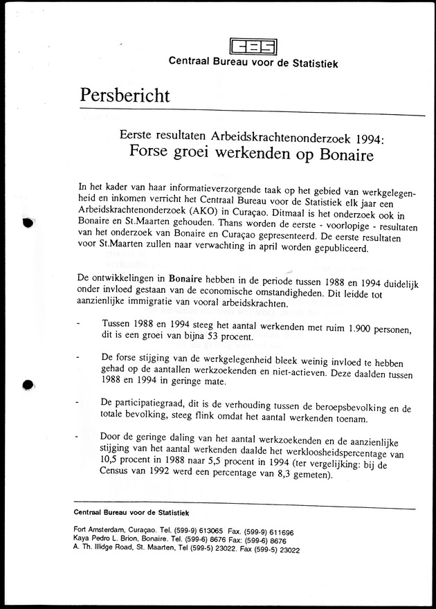 Arbeidskrachten Onderzoek Bonaire en Curacao 1994 - Persbericht