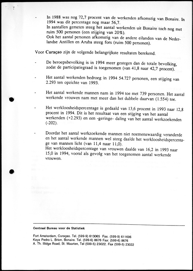 Arbeidskrachten Onderzoek Bonaire en Curacao 1994 - Persbericht 