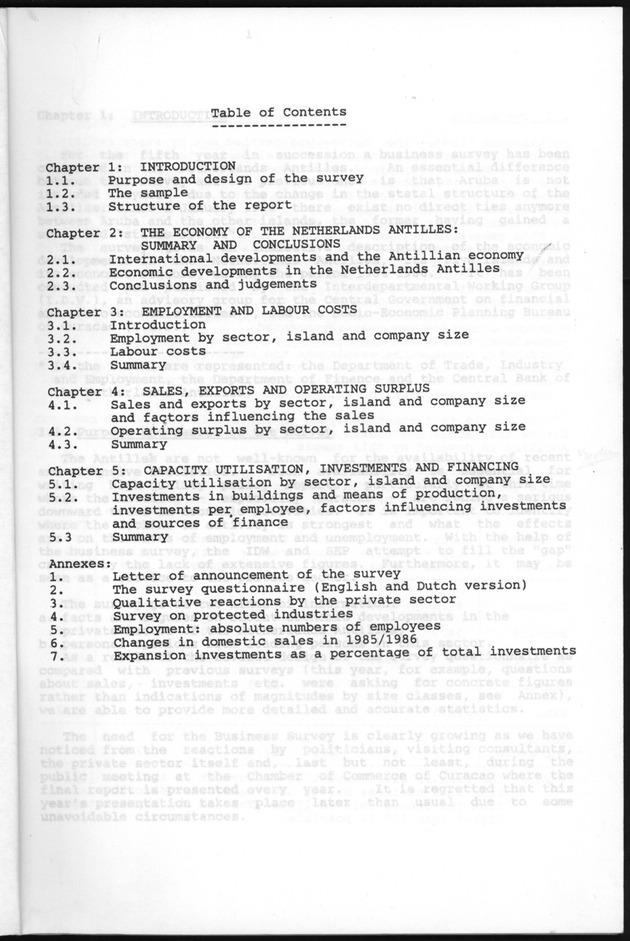 Business Survey 1986 - Table of contents