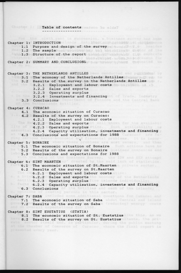 Business Survey 1987 - Table of contents