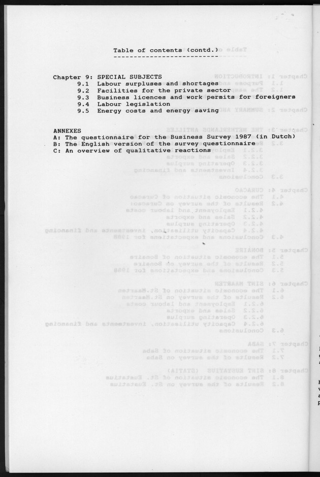 Business Survey 1987 - table of contents