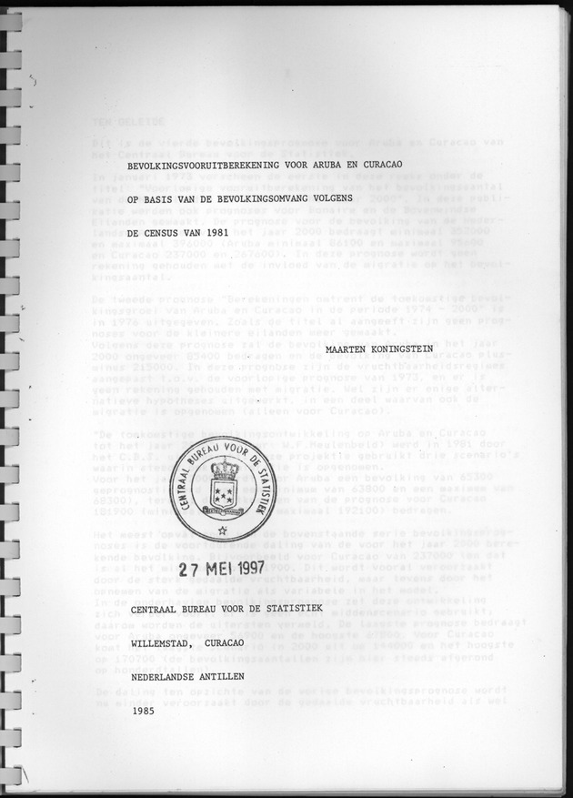 Bevolkingsvooruitberekening voor Aruba en Curaҫao op basis van de bevolkingsomvang volgens den census van 1981 - Title Page