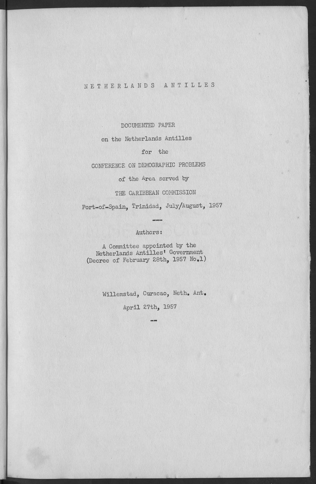 Documented Paper on the Netherlands Antilles for the conference on dempgraphic problems of the area served by The caribbean commission - Title Page 1