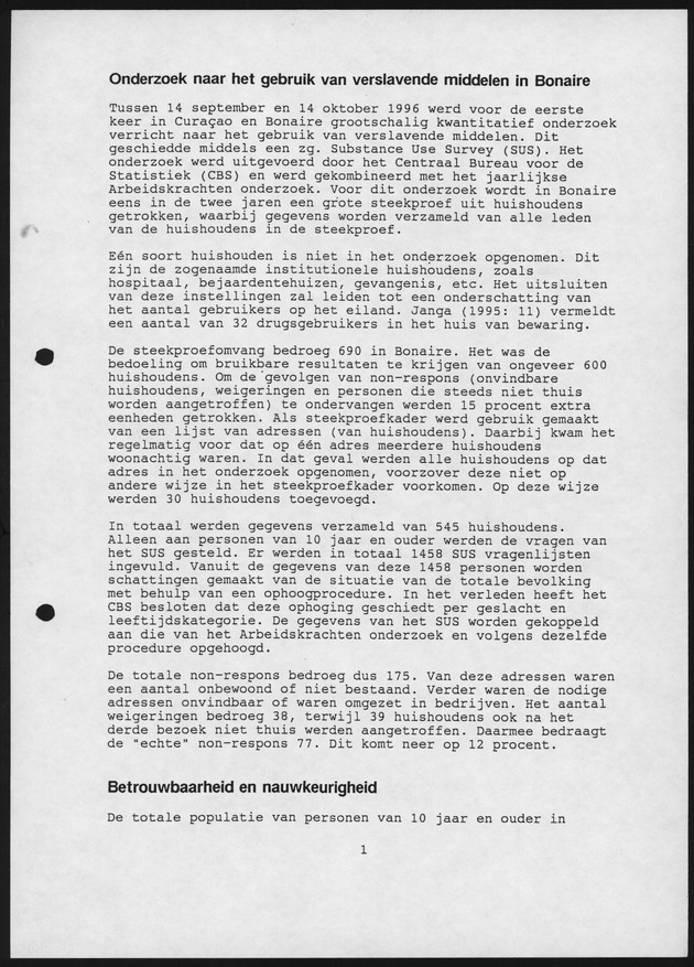 Substance Use survey(SUS) Bonaire 1996 - Page 1